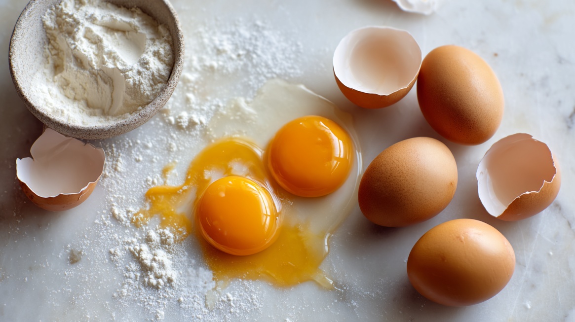 Raw eggs cracked open next to flour and eggshells on a kitchen surface