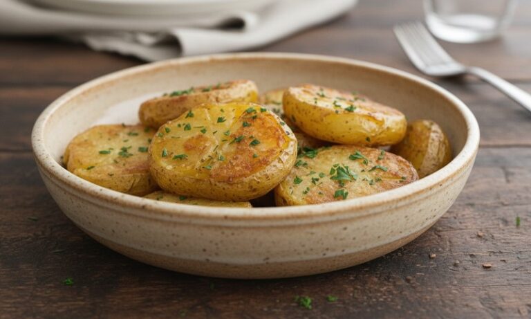Golden-brown roasted potatoes garnished with fresh parsley in a beige ceramic bowl on a wooden table